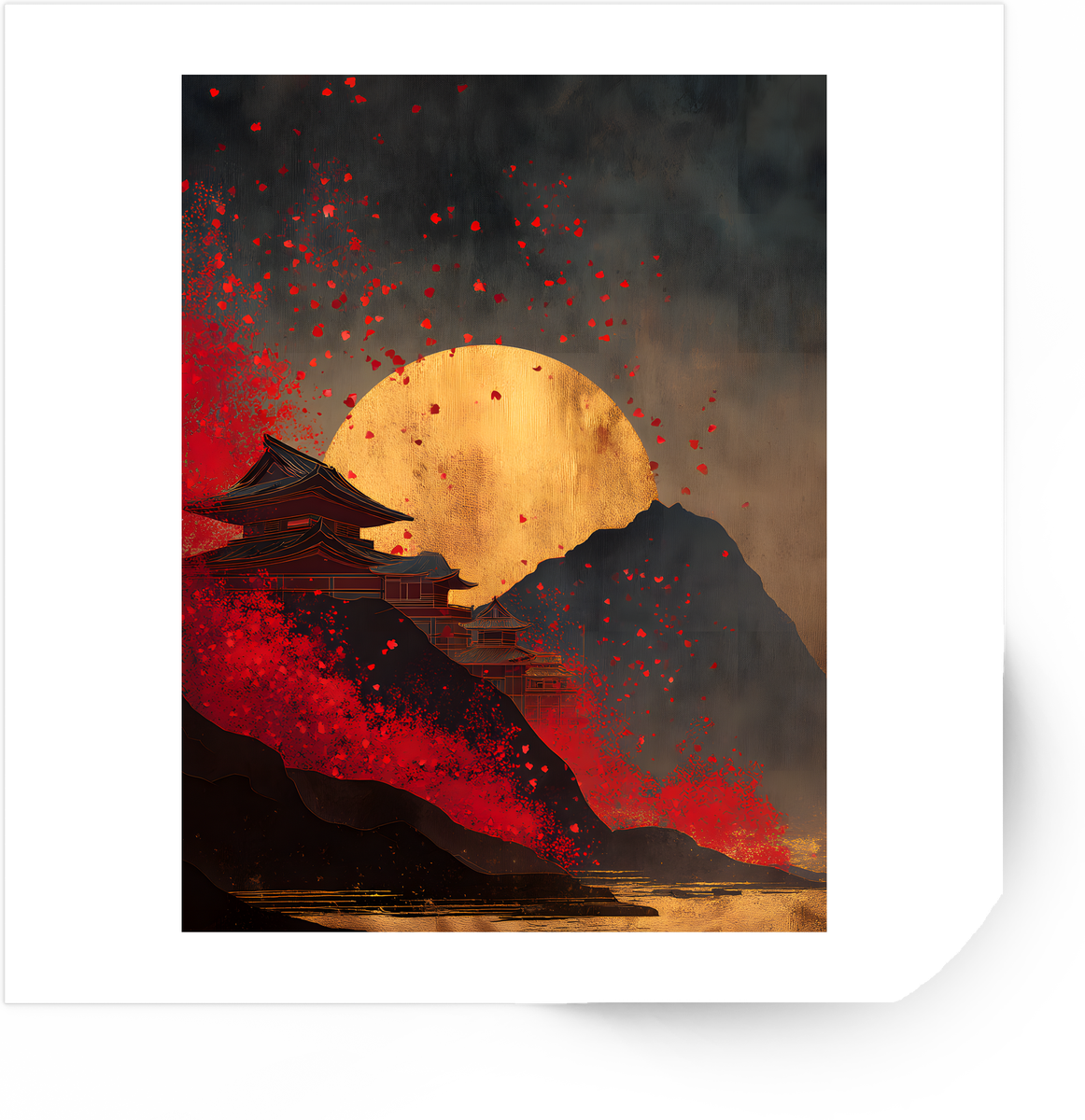 Japanese Pagoda Moon Wall Sticker | Moody Red Mountain Vinyl Decal | Asian Art Aesthetic Gift