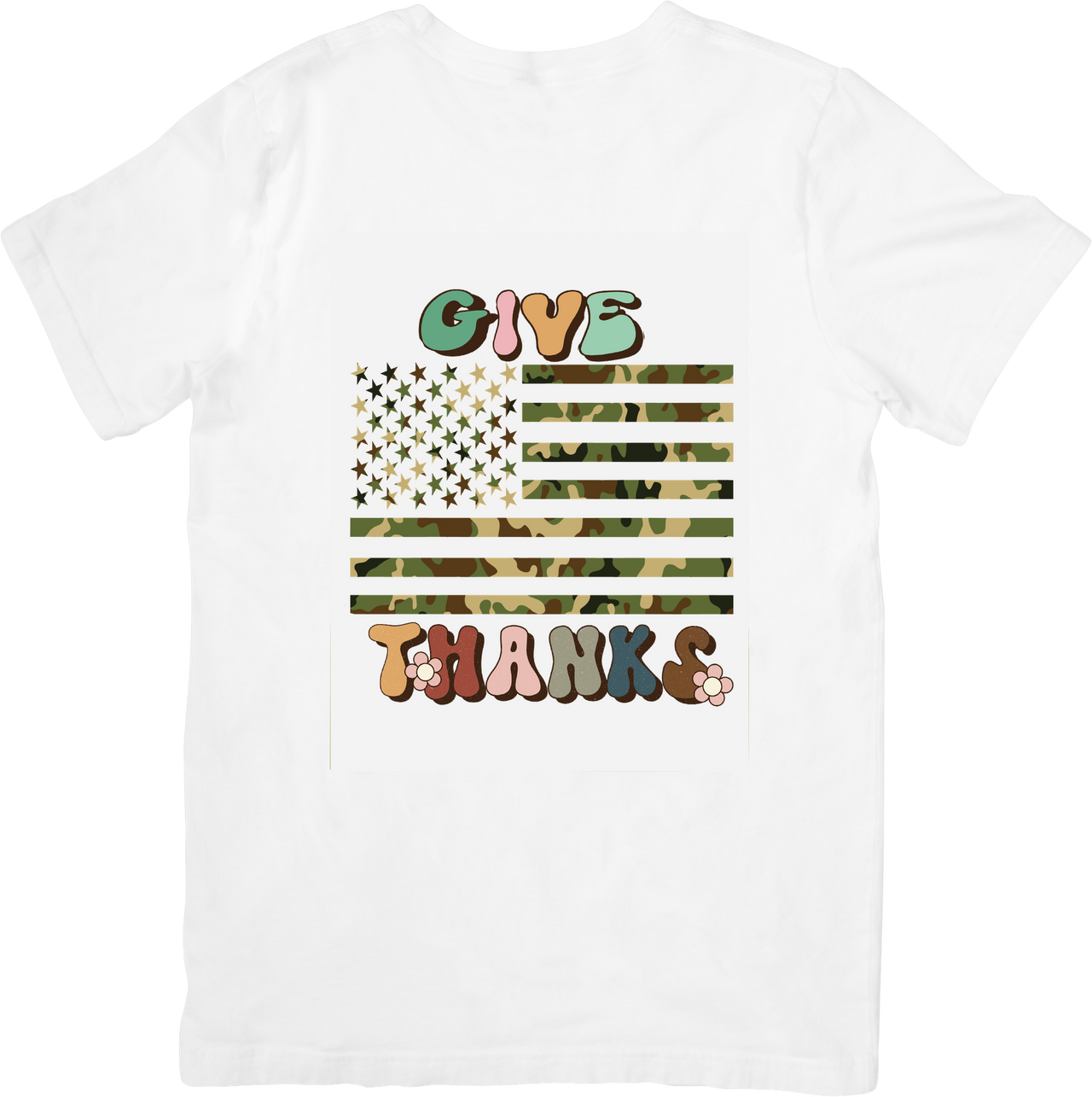 Give Thanks Camo American Flag T-Shirt | Retro Patriotic Graphic Tee | Thanksgiving Gift