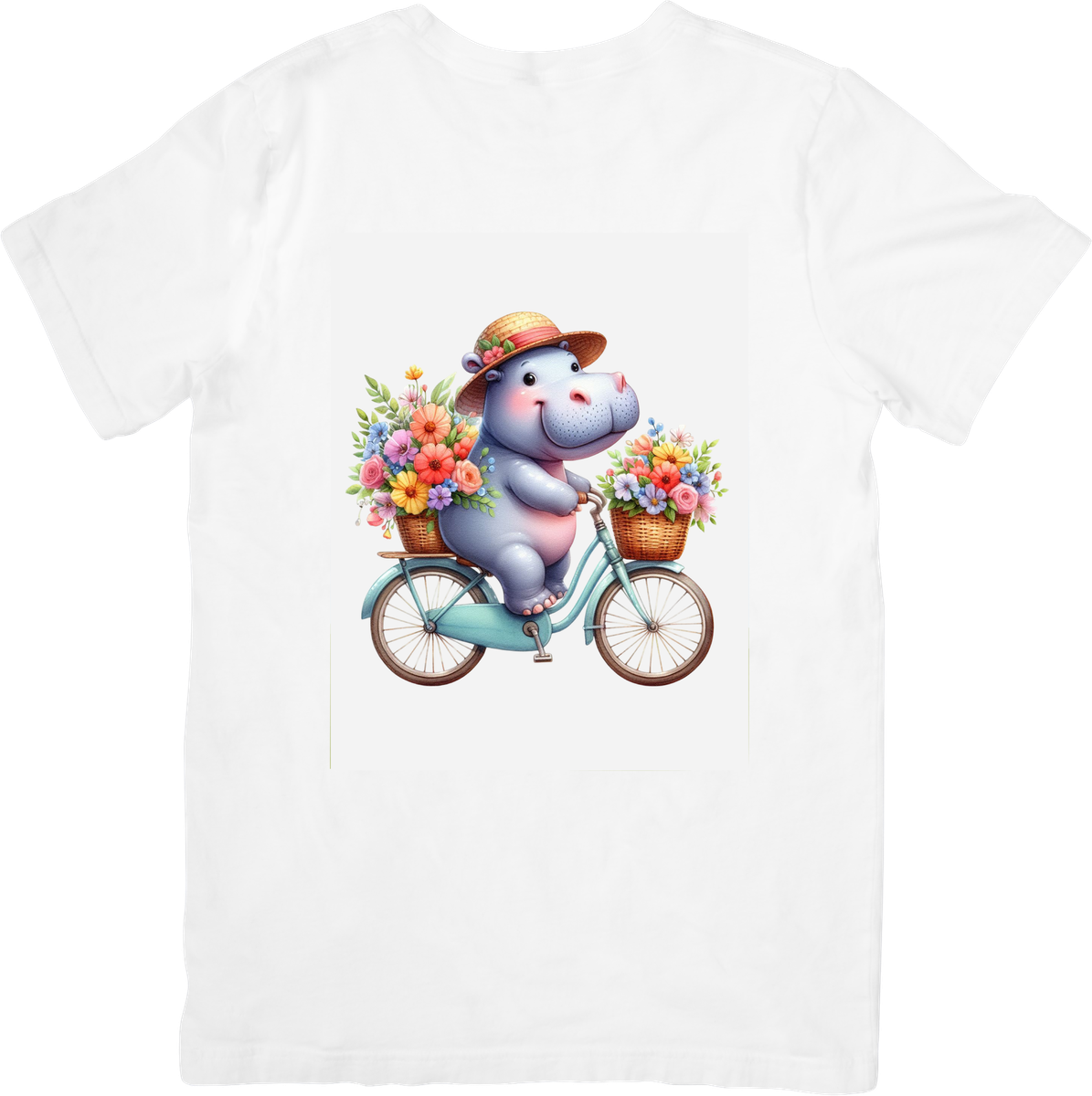 Hippo On Bicycle T-Shirt | Cute Floral Spring Graphic Tee | Whimsical Animal Gift