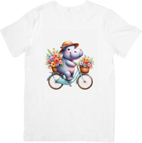 Thumbnail for Hippo On Bicycle T-Shirt | Cute Floral Spring Graphic Tee | Whimsical Animal Gift