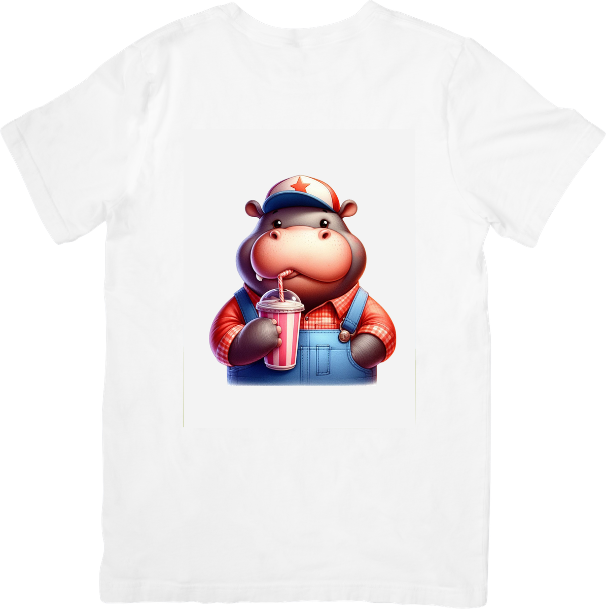 Cute Hippo Soda Drink T-Shirt | Cartoon Overalls Hippo Graphic Tee | Kids Funny Animal Gift