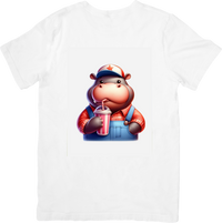 Thumbnail for Cute Hippo Soda Drink T-Shirt | Cartoon Overalls Hippo Graphic Tee | Kids Funny Animal Gift