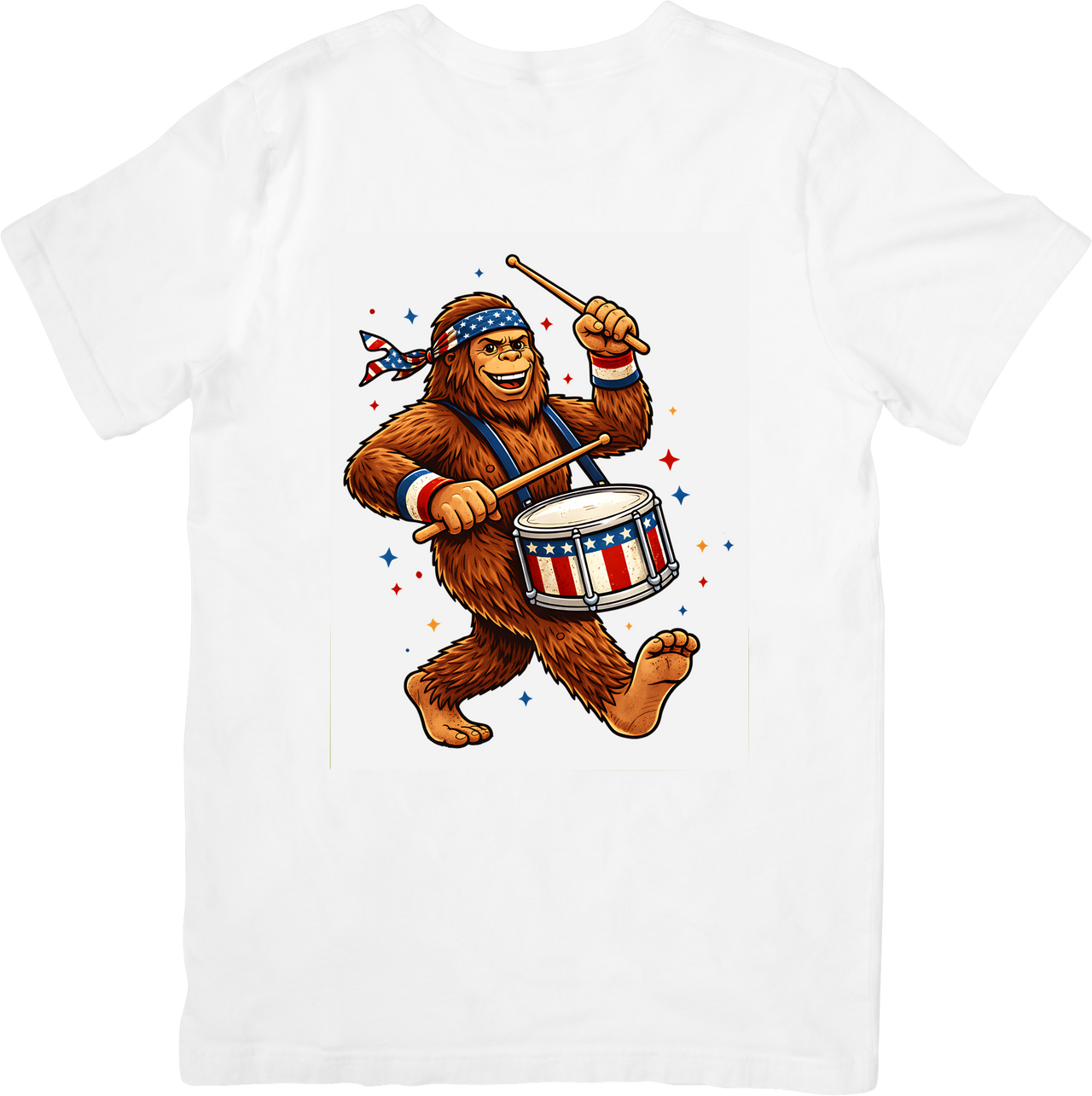 Bigfoot Patriotic Drummer T-Shirt | Y2K Funny Fourth of July Sasquatch Graphic Tee | Patriotic Gift