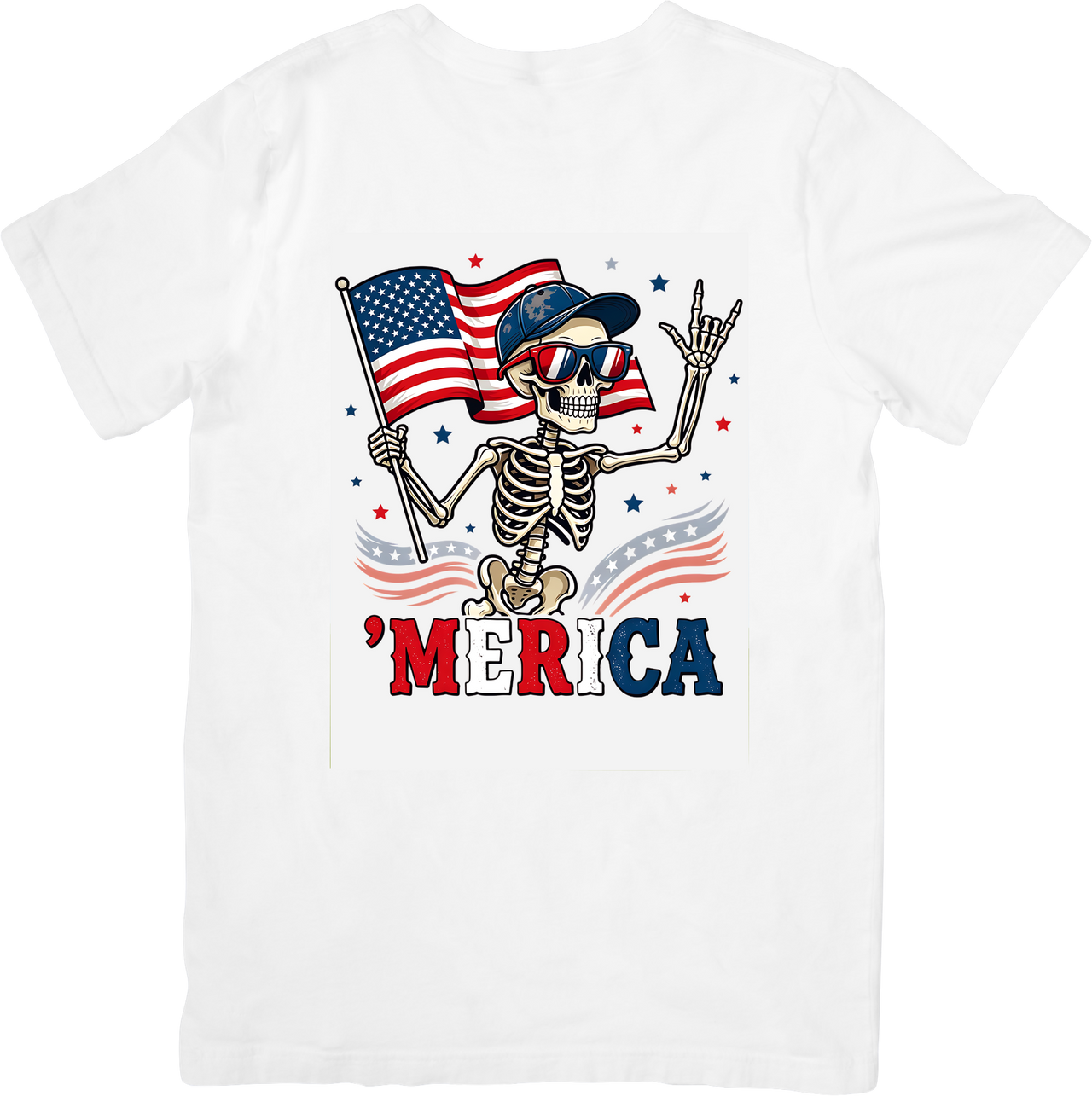 'Merica Skeleton Patriotic T-Shirt | Funny 4th Of July Rock On Graphic Tee | USA Gift