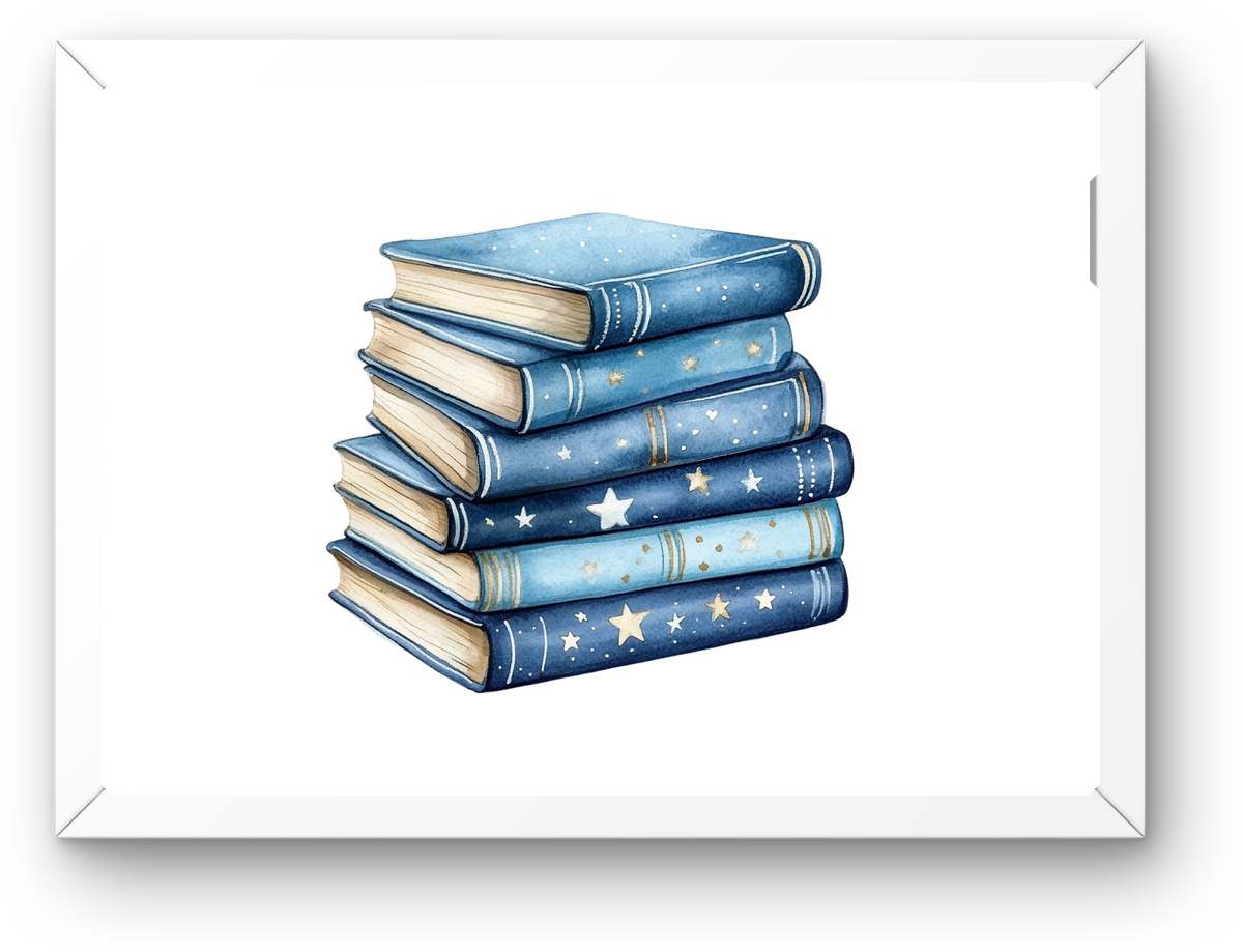 Stacked Blue Star Books Wall Art | Whimsical Celestial Reading Print | Cozy Library Reader Gift